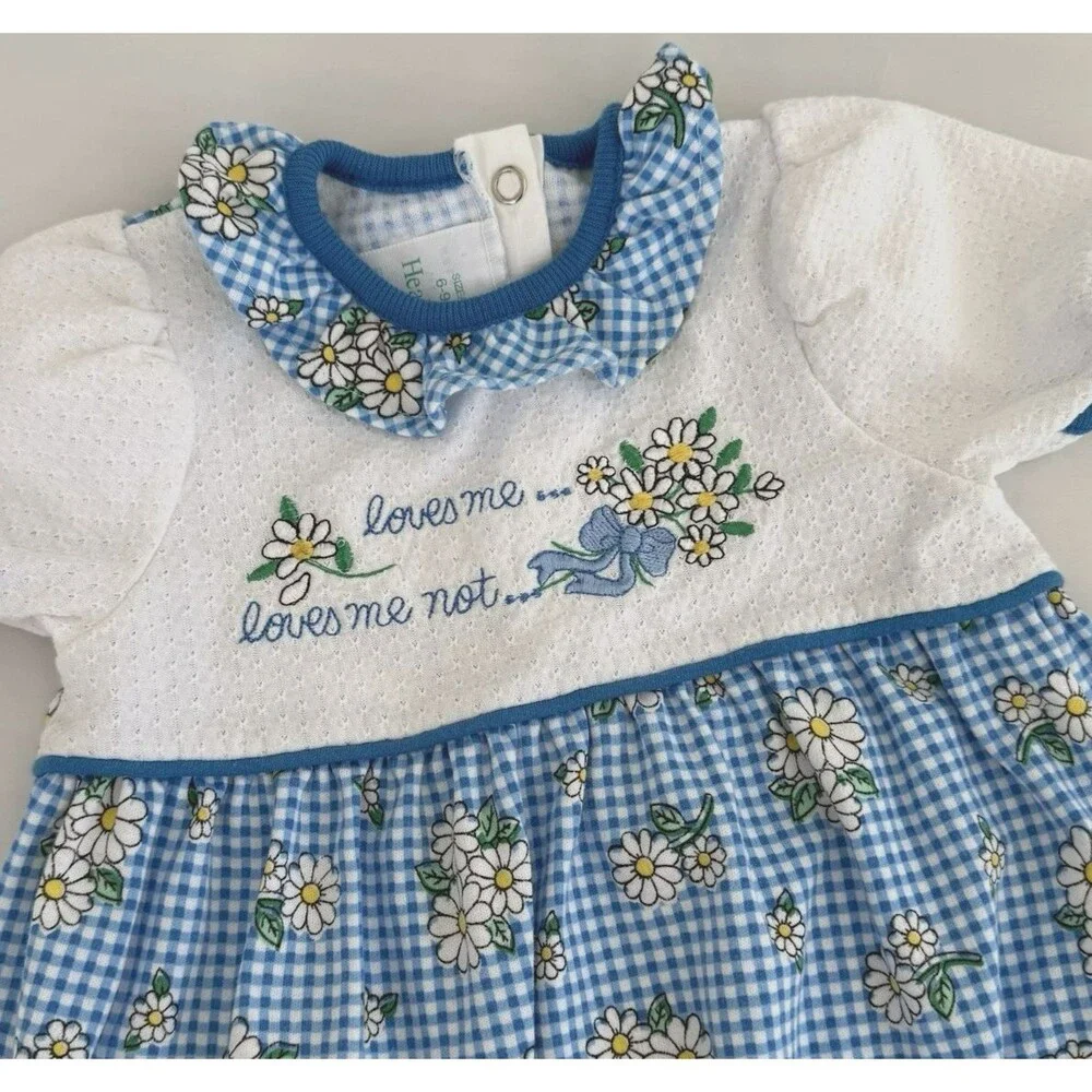 Vtg 90s Healthtex Baby Girls 6-9M Bubble Romper Daisy Flower Blue Gingham USA